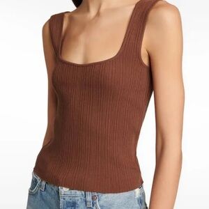 Vince Ribbed Square-Neck Tank Top – Brown (Size Large)